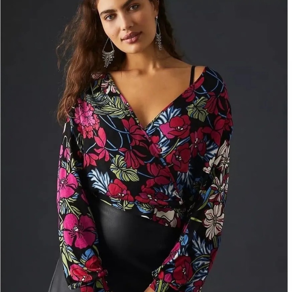 Vibrant Floral V-Neck Blouse by Tiny from Anthro - Black and Pink